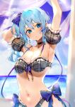  1girl armpits arms_up bare_shoulders beach bikini black_choker blue_bow blue_eyes blue_hair blush bow breasts choker commentary_request day detached_sleeves earrings frilled_sleeves frills front-tie_bikini front-tie_top grey_bikini hair_bow hair_ribbon highres hololive hoshimachi_suisei jewelry kasumi_komo long_hair looking_at_viewer medium_breasts navel ocean outdoors parted_lips plaid plaid_bikini ribbon side-tie_bikini side_ponytail solo star_(symbol) star_in_eye stomach string_bikini swimsuit symbol_in_eye thighhighs upper_body virtual_youtuber 