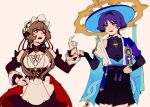  1boy 1girl apron arm_at_side armor black_bow black_bridal_gauntlets black_corset black_hair black_mouth black_shorts black_sleeves blue_cape blue_eyes blue_gem blue_hat blue_jingasa blue_kimono blue_rope blue_sash blue_sleeves blunt_bangs blunt_ends bonnet bow breasts bridal_gauntlets brown_hair cape choppy_bangs commentary corset covered_collarbone detached_collar detached_sleeves dotted_background drawseleven dress english_commentary eyelashes feathers frilled_sleeves frills furisode gem genshin_impact gloves gold gold_ring hair_intakes hakama hakama_shorts half_gloves hand_on_own_hip hand_up hat highres index_finger_raised indoors japanese_armor japanese_clothes jingasa juban kimono kote kurokote large_breasts layered_sleeves long_sidelocks looking_at_another mandarin_collar middle_ring open_clothes open_kimono open_mouth pink_lips pleated_shorts pointing pointing_at_another pom_pom_(clothes) purple_eyes rope sandrone_(genshin_impact) sash scaramouche_(genshin_impact) short_hair short_hair_with_long_locks short_sleeves shorts shoulder_peek side_cape sidelocks tassel teeth tsurime upper_teeth_only variant_set waist_apron wanderer_(genshin_impact) white_apron white_background white_bonnet white_dress white_gloves white_kimono white_sleeves wolf_cut yellow_feathers 