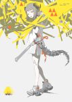  1girl absurdres arknights chinese_commentary commentary_request demon_horns dress flamethrower full_body highres horns huyupi ifrit_(arknights) looking_at_viewer open_mouth orange_eyes partially_colored shoes short_hair sneakers solo standing tail triangle twintails untied_shoelaces weapon 