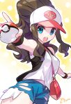  1girl bag baseball_cap between_breasts black_vest blue_eyes blue_vert breasts brown_hair commentary_request denim denim_shorts eyelashes hat high_ponytail hilda_(pokemon) holding holding_poke_ball long_hair looking_at_viewer open_mouth poke_ball poke_ball_(basic) pokemon pokemon_(game) pokemon_bw shirt short_shorts shorts shoulder_bag sidelocks sleeveless sleeveless_shirt solo strap_between_breasts teeth tongue upper_teeth vest white_shirt wristband 