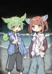  2girls :3 absurdres alternate_costume beach black_pants black_shirt black_sky blue_hoodie blush brown_hair cargo_pants casual closed_mouth commentary_request feet_out_of_frame green_hair grey_pants hand_on_own_hip headgear highres hood hoodie jacket_over_hoodie kokage_uyuri long_hair long_sleeves looking_at_viewer low_ponytail medium_hair multiple_girls night open_mouth outdoors outstretched_arm pants ponytail red_eyes shirt short_twintails sky smile standing striped_clothes striped_pants touhoku_kiritan track_pants twintails vertical-striped_clothes vertical-striped_pants voiceroid voicevox w waves white_hoodie yellow_eyes zundamon 