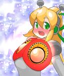  1girl :d aged_up android antennae armor arms_up blonde_hair blush bodysuit breast_missiles breastplate breasts buta_otoko clenched_hands commentary_request double-parted_bangs earphones embarrassed eyes_visible_through_hair full_body gorget gradient_background green_eyes green_ribbon grey_bodysuit hair_between_eyes hair_ribbon hairband headphones high_ponytail highres hyper_roll_(marvel_vs._capcom) joints large_breasts large_variant_set long_hair looking_at_viewer marvel_vs._capcom marvel_vs._capcom_2 mechanical_arms mega_man_(classic) mega_man_(series) metal_gloves navel open_mouth ponytail radio_antenna red_armor ribbon robot robot_girl robot_joints roll_(mega_man) shoulder_armor sidelocks simple_background smile solo standing sweatdrop teeth upper_body upper_teeth_only variant_set 