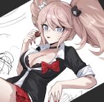  1girl bear_hair_ornament black_choker black_shirt blonde_hair bow breasts candy chocolate choker cleavage collarbone commentary_request danganronpa:_trigger_happy_havoc danganronpa_(series) enoshima_junko food grey_eyes hair_ornament heart heart-shaped_chocolate heart-shaped_food highres holding holding_food hy_(fjvlg) korean_commentary large_breasts nail_polish necktie red_bow red_nails shirt short_sleeves solo twintails upper_body white_background white_necktie 