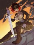  anthro breasts choker claw_(weapon) fangs felid female fire genitals hi_res jaguar jewelry mammal melee_weapon melis necklace nude pantherine piercing pussy racoe sabertooth_(anatomy) solo sword weapon 