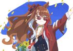  1girl animal_ears black_shirt breasts brown_hair chain_necktie choker closed_mouth commentary_request ears_through_headwear fedora flower forever_young_(racing)_(umamusume) forever_young_(umamusume) green_choker green_eyes hat highres horse_ears horse_girl jacket jewelry long_hair multicolored_hair necktie purple-tinted_eyewear red-tinted_eyewear red_jacket red_streaks shirt smile solo streaked_hair sunglasses tinted_eyewear umamusume ummsm_88 upper_body white_necktie white_streaks 