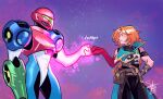  2girls arm_cannon armor assault_visor castlevania:_belmont's_curse castlevania_(series) comickergirl commentary crossover english_commentary fist_bump glowing_arm green_assault_visor green_visor metroid metroid_ravenous multicolored_armor multiple_girls orange_hair power_armor power_suit_(metroid) ravenous_suit rose_belmont samus_aran sleeveless trait_connection weapon 