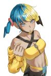  100backji 1girl bandeau belt black_belt blue_eyes breasts canari_(pokemon) collarbone commentary_request eyelashes finger_heart hand_up highres jacket korean_commentary looking_at_viewer mask mask_pull mouth_mask multicolored_hair nail_polish navel off_shoulder open_clothes open_jacket pants pokemon pokemon_legends:_z-a simple_background solo twintails white_background yellow_bandeau yellow_jacket yellow_nails zipper_pull_tab 
