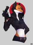  absurd_res anthro canid canine exposed_belly female gun handgun hi_res mammal maned_wolf mercenary pistol ranged_weapon solo unknown_artist weapon 