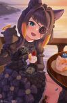  1girl artist_name balcony bandaid bandaid_on_knee bandaid_on_leg birthday black_dress black_gloves black_hair black_socks blue_eyes blush cake cake_slice commentary dress fang feeding_viewer floral_print floral_print_dress flower_eyepatch food fork gloves happy_birthday highres holding holding_fork hololive hololive_english ika--1024 lace lace_sleeves lace_socks looking_at_viewer multicolored_hair ninomae_ina'nis open_mouth orange_hair print_dress sitting smile socks solo strawberry_cake table untranslatable_commentary virtual_youtuber watermark 