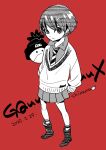  1girl amate_yuzuriha beanie boots collared_shirt commentary_request dated expressionless full_body greyscale_with_colored_background gundam gundam_gquuuuuux haro hat hatching_(texture) highres necktie pleated_skirt red_background school_uniform shimura_takako shirt short_hair skirt striped_clothes striped_necktie sweater 