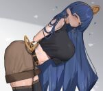  1girl 258n alternate_costume black_shirt black_thighhighs blue_eyes blue_hair breasts brown_shorts commentary crop_top earrings facial_mark gold_headdress highres jewelry key_earrings large_breasts leaning_forward looking_at_viewer michigami_nareko midriff navel shirt shorts skindentation sleeveless sleeveless_shirt solo thighhighs thighs touhou triangle triangle_facial_mark 