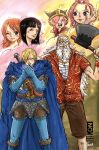  3boys 3girls ^_^ armor axe beard black_hair blonde_hair blue_pants blunt_bangs boots brown_shorts cape child closed_eyes colon_(one_piece) commentary_request curly_eyebrows facial_hair facial_mark family freckles hair_over_one_eye helmet highres holding holding_axe holding_weapon multiple_boys multiple_girls mustache nami_(one_piece) nico_robin old old_man one_eye_closed one_piece orange_hair pants ripley_(one_piece) sanji_(one_piece) scopper_gaban shorts signature smoke sunglasses v-shaped_eyebrows weapon weapon_on_back white_hair xginrw 
