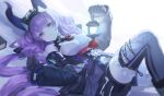 1girl arknights arknights:_endfield black_horns black_overskirt blazpu commentary curved_horns detached_sleeves framed_breasts headlamp holding_lamp horns long_hair looking_at_viewer lying multicolored_thighhighs on_back overskirt purple_eyes purple_hair purple_horns smile solo thighhighs two-tone_thighhighs typhoeus_(arknights) typhon_(arknights) 