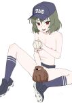  1girl absurdres ball baseball_(object) baseball_cap baseball_mitt belt black_belt blue_hat blue_socks brown_eyes cellphone commentary full_body green_hair hat highres holding holding_ball idolmaster idolmaster_million_live! idolmaster_million_live!_theater_days looking_at_viewer medium_hair nagayoshi_subaru navel nipples no_shoes ohgi910 phone simple_background sitting smartphone smile socks solo sweatdrop topless_female white_background 