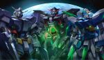  arm_shield beam_rifle commentary commission earth_(planet) energy_gun english_commentary floating floating_object funnels_(gundam) glowing glowing_eye glowing_eyes green_eyes gun gundam gundam_age gundam_age-1 gundam_age-1_flat gundam_age-1_glansa gundam_age-2_darkhound gundam_age-fx highres holding holding_gun holding_weapon looking_at_viewer mecha mecha_focus mobile_suit multiple_shields no_humans planet porukima robot science_fiction space upper_body v-fin weapon 