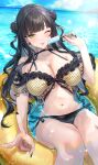  1girl :p ;p absurdres bare_shoulders bikini black_bikini black_choker black_hair blunt_bangs braid braided_bun breasts choker cleavage commentary commission double_bun dripping earrings food green_eyes hair_bun halterneck highres holding holding_food holding_popsicle hoshina_kila indie_virtual_youtuber innertube jewelry large_breasts long_hair looking_at_viewer mole mole_under_eye multicolored_bikini nail_polish navel ocean one_eye_closed polka_dot polka_dot_bikini popsicle side-tie_bikini_bottom skeb_commission smile solo stomach subaru_(su_baru) swim_ring swimsuit tongue tongue_out two-tone_bikini two_side_up v wavy_hair wet yellow_bikini 