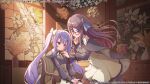  2girls adjusting_another's_clothes assault_lily black_hair black_ribbon blue_eyes blue_ribbon blush bow breasts cabinet cape chair closed_mouth commentary_request copyright_notice cowboy_shot flower gem gem_hair_ornament glasses grey_cape grey_shirt hair_between_eyes hair_ribbon hand_on_own_chin hands_on_lap hands_up high-waist_skirt indoors jewelry leaning_forward light_particles long_hair long_sleeves looking_ahead looking_at_another mashima_moyu medium_breasts miriam_hildegard_von_gropius multiple_girls neck_ribbon official_alternate_costume official_art on_chair photo_(object) picture_frame pink_flower purple_eyes purple_hair raised_eyebrows rappi red-framed_eyewear red_gem ribbon ring shirt sidelocks sitting skirt sleeve_ribbon standing thighhighs twintails two-sided_cape two-sided_fabric vase very_long_hair white_bow white_cape white_flower white_skirt white_thighhighs window 