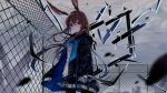  1girl absurdres amiya_(arknights) animal_ear_fluff animal_ears arknights artist_name ascot black_jacket blue_ascot blue_collar blue_eyes blue_skirt brown_hair chaaym collar commentary_request day floating_hair frilled_ascot frills frown hair_between_eyes highres hood hood_down hooded_jacket jacket jewelry long_hair long_sleeves looking_at_viewer miniskirt multiple_rings open_clothes open_jacket originium_arts_(arknights) outdoors overcast plaid_clothes plaid_skirt pleated_skirt rabbit_ears rabbit_girl ring ring_on_every_finger shirt skirt sky solo white_shirt wire_fence 