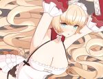  1girl absurdly_long_hair apron arms_up artist_name azur_lane blonde_hair blue_eyes breasts cleavage detached_sleeves eyebrows_visible_through_hair eyelashes frilled_apron frills howe_(azur_lane) howe_(pastry_princess)_(azur_lane) large_breasts long_hair official_alternate_costume red_sleeves shanghai_kani solo very_long_hair white_apron 