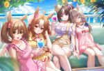  4girls ahoge animal_ears bare_shoulders bikini blue_eyes blush boater_hat breasts brown_hair cleavage collarbone commentary copano_rickey_(lucky_summertime)_(umamusume) copano_rickey_(umamusume) cup double_bun english_commentary grey_hair hair_between_eyes hair_bun hair_ornament hat hokko_tarumae_(pastel_marine_locadol)_(umamusume) hokko_tarumae_(umamusume) holding holding_cup horse_ears horse_girl horse_tail jewelry large_breasts looking_at_viewer low_twintails medium_breasts midriff multicolored_hair multiple_girls navel necklace ocean official_alternate_costume official_alternate_hairstyle one-piece_swimsuit one_eye_closed open_mouth overall_skirt overalls pink_one-piece_swimsuit purple_eyes rukinya_(nyanko_mogumogu) side_ponytail sitting small_breasts smart_falcon_(candid_shot_between_the_waves)_(umamusume) smart_falcon_(umamusume) smile swimsuit tail twintails umamusume water wonder_acute_(that_summer's_cut-off_line)_(umamusume) wonder_acute_(umamusume) yellow_bikini yellow_hat yellow_overalls 