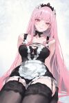  1girl arms_behind_back black_bow black_tiara bow bow_choker breasts choker cleavage ellireii garter_straps highres hololive hololive_english holomyth kneeling lace-trimmed_thighhighs lace_trim long_hair maid maid_headdress miniskirt mori_calliope pink_eyes pink_hair skirt smile solo thighhighs tiara virtual_youtuber 