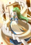  1girl animal aoiueo12 bare_shoulders blue_skirt breasts chinese_zodiac collared_shirt commentary_request detached_sleeves frilled_skirt frills frog_hair_ornament from_side gohei green_eyes green_hair hair_ornament hair_tubes happy_new_year highres holding holding_gohei jewelry kochiya_sanae long_hair long_sleeves medium_breasts necklace new_year onbashira oversized_animal pointy_nose print_skirt shide shirt single_hair_tube single_sidelock skirt skirt_set sleeveless sleeveless_shirt smile snake snake_hair_ornament solo textless_version touhou wide_sleeves year_of_the_snake 