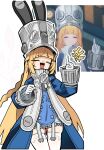  1girl absurdres blonde_hair blue_jacket closed_eyes commentary_request gakumaru_o game_screenshot_inset gloves grey_hat hand_up hat highres index_finger_raised jacket large_hat long_hair norma_hollowell open_mouth reference_inset screenshot_inset shako_cap thighhighs very_long_hair white_background white_gloves white_thighhighs zenless_zone_zero 
