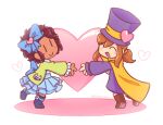  2girls a_hat_in_time afro animal_print ankle_boots back_bow belt_boots belt_buckle black_boots blue_bow blue_hairband blue_skirt blush blush_stickers boots bow bow_hairband bow_kid brown_boots brown_hair buckle buttons cape cat_print child closed_eyes commentary couple curly_hair dark-skinned_female dark_skin english_commentary frilled_sleeves frills full_body green_jacket grin hair_tie hairband hat hat_kid hat_ribbon heart hug hugging_object interracial jacket kinky_hair leg_up long_sleeves medium_hair multiple_girls open_mouth pants ponytail purple_hat purple_jacket ribbon short_hair sidelocks simple_background skirt smile softum standing standing_on_one_leg tiptoes top_hat white_background white_pants yellow_cape yellow_ribbon yuri zipper zipper_pull_tab 
