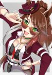  1girl animal_ears black_shirt black_thighhighs bracelet breasts brown_hair chain_necktie choker commentary_request ears_through_headwear fang fedora forever_young_(racing)_(umamusume) forever_young_(umamusume) from_above green_choker green_eyes hat highres horse_ears horse_girl horse_tail jacket jewelry long_hair looking_at_viewer midriff multicolored_hair necktie open_mouth purple-tinted_eyewear red-tinted_eyewear red_jacket red_streaks shirt skirt smile solo streaked_hair sunglasses tail teeth thighhighs tinted_eyewear umamusume umayonyosi upper_teeth_only white_necktie white_skirt white_streaks 
