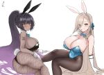  2girls animal_ears ass asuna_(blue_archive) bangs berserkert black_hair black_legwear blue_archive blue_eyes blush breasts cleavage closed_mouth dark-skinned_female dark_skin detached_collar elbow_gloves fake_animal_ears fake_tail fishnet_legwear fishnets gloves gradient_hair grin hair_over_one_eye hair_ribbon highres karin_(blue_archive) large_breasts long_hair mole mole_on_breast multicolored_hair multiple_boys multiple_girls pantyhose playboy_bunny ponytail purple_hair rabbit_ears rabbit_tail ribbon simple_background smile sweat symbol-only_commentary tail very_long_hair white_background white_gloves wrist_cuffs yellow_eyes 