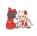 2girls ascot bilingual_commentary blonde_hair bow brown_hair closed_mouth collared_shirt commentary crystal crystal_wings defeat detached_sleeves embodiment_of_scarlet_devil english_commentary flandre_scarlet hair_bow hair_tubes hakurei_reimu hat hat_ribbon headpat highres korean_commentary laevatein_(touhou) long_hair mirae_somang mixed-language_commentary mob_cap multicolored_wings multiple_girls official_alternate_costume one_side_up pink_hat pink_shirt red_bow red_eyes red_skirt red_vest ribbon ribbon-trimmed_sleeves ribbon_trim shirt skirt skirt_set socks tearing_up touhou vest wavy_mouth white_socks wings yellow_ascot 