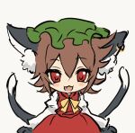  1girl :3 animal_ear_fluff animal_ear_piercing animal_ears animal_hands animated animated_gif bow bowtie brown_hair cat_ears cat_tail chen chinese_commentary commentary_request earrings fang green_hat hair_between_eyes hat highres hoop_earrings jewelry long_sleeves looking_at_viewer looping_animation medium_hair mob_cap multiple_tails nekomata open_mouth red_eyes red_skirt red_vest shirt simple_background single_earring skirt smile solo tail tan_xiao_ye touhou two_tails vest white_shirt yellow_bow yellow_bowtie 