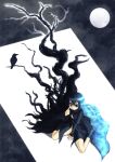  1girl :p akanbe bare_tree barefoot bird black_cloak black_dress black_hair blue_eyes cloak commentary_request crow dress eyelid_pull flat_chest full_body full_moon highres looking_at_viewer moon no_panties original short_hair sitting takami5 tongue tongue_out tree wariza 