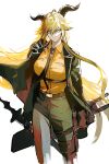  1girl absurdres animal_ears arknights belt black_gloves black_jacket black_necktie blonde_hair breasts brown_belt chest_strap closed_mouth collared_shirt degenbrecher_(arknights) expressionless feet_out_of_frame gloves goat_ears goat_girl goat_horns grey_pants hair_between_eyes highres holding holding_sword holding_weapon horns i3dw1zfk3elpe0m jacket lapels large_breasts long_hair looking_at_viewer necktie notched_lapels open_clothes open_jacket orange_shirt pants shirt shirt_tucked_in sidelocks simple_background solo standing sword tsurime underbust v-shaped_eyebrows weapon white_background wing_collar yellow_eyes 