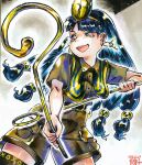  1girl black_thighhighs blue_eyes blue_hair brown_shirt brown_shorts collared_shirt commentary_request dated dual_wielding earrings facial_mark gold_headdress hair_ornament highres holding holding_scepter jewelry key_earrings kokechankokko long_hair michigami_nareko open_mouth scepter shirt short_sleeves shorts smile solo sphere_hair_ornament thighhighs touhou traditional_media triangle triangle_facial_mark usekh_collar very_long_hair 
