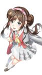  100backji 1girl :d bag blue_eyes brown_hair brown_shoes collared_shirt commentary_request double_bun eyelashes grey_jacket grey_skirt hair_bun hairband highres holding_strap jacket knees korean_commentary long_hair necktie official_alternate_costume open_clothes open_jacket open_mouth pink_bag pleated_skirt pokemon pokemon_masters_ex red_vest rosa_(academy)_(pokemon) rosa_(pokemon) school_uniform shirt shoes simple_background skirt smile socks solo twintails vest white_background white_shirt yellow_necktie 
