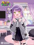  1girl bibi_(tokoyami_towa) black_bow black_bowtie black_ribbon black_skirt bow bowtie cable_knit cardigan collared_shirt colored_inner_hair commentary_request cowboy_shot cross cross-laced_clothes cross-laced_sleeves cross_earrings demon_girl demon_tail ear_piercing earrings frilled_shirt frilled_sleeves frills gradient_hair green_eyes grey_cardigan hair_bun hair_ribbon hands_up heart heart_earrings heart_o-ring high-waist_skirt hololive hololive_official_card_game indoors jewelry long_hair miniskirt multicolored_hair o-ring o-ring_thigh_strap off_shoulder official_alternate_costume official_alternate_hairstyle official_art one_side_up open_mouth piercing pink_hair pleated_skirt pointy_ears pom_pom_brooch purple_hair ribbon shirt short_sleeves side_up_bun single_side_bun skirt solo spiked_ear_piercing suspender_skirt suspenders swept_bangs tail thigh_strap tokoyami_towa tokoyami_towa_(jirai_kei) virtual_youtuber white_shirt yuzuriha_(nx_e78) 