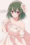  1girl bare_shoulders blush callretortyagiza collarbone commentary_request dress green_hair grey_background happy_birthday highres idolmaster idolmaster_million_live! idolmaster_million_live!_theater_days jewelry looking_at_viewer nagayoshi_subaru necklace off-shoulder_dress off_shoulder open_mouth pink_dress red_eyes simple_background smile solo 