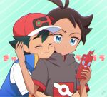  2boys antenna_hair ash_ketchum bangs baseball_cap blue_eyes blue_jacket brown_hair closed_eyes closed_mouth commentary_request eyelashes goh_(pokemon) green_hair hands_up hat holding holding_phone hug hug_from_behind jacket kouzuki_(reshika213) male_focus multiple_boys phone pokemon pokemon_(anime) pokemon_swsh_(anime) rotom rotom_phone shirt short_hair short_sleeves sleeveless sleeveless_jacket smile white_shirt 