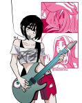  2girls alien_stage artist_name black_hair bob_cut choker commentary crop_top cropped_shirt english_commentary guitar highres holding holding_guitar holding_instrument instrument jewelry long_hair mizi_(alien_stage) multiple_girls nedeeress purple_eyes red_shorts ring shirt short_hair shorts simple_background smile sua_(alien_stage) torn_clothes torn_shorts white_background white_shirt 