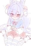  1girl :3 ahoge blue_hair blue_shirt blue_thighhighs blush bow bowtie closed_mouth collared_shirt commentary_request cone_hair_bun cup detached_sleeves dot_nose double_bun fang fang_out flat_chest fox_tail hair_between_eyes hair_bun hair_intakes hair_ornament hair_rings half-closed_eyes heterochromia highres holding holding_cup japanese_clothes korean_commentary leeleo_25 long_hair long_sleeves looking_at_viewer miniskirt multicolored_eyes neck_ribbon nose_blush orange_eyes pink_bow pink_bowtie pink_skirt pleated_skirt pom_pom_(clothes) pom_pom_hair_ornament purple_eyes raised_eyebrows ribbon shirt sidelocks simple_background sitting sketch skin_fang skirt smile solo squeans stellive striped_clothes striped_thighhighs tail tail_raised tenko_shibuki tenko_shibuki_(1st_costume) thighhighs twintails two_side_up very_long_hair wariza wavy_mouth white_background wide_sleeves zettai_ryouiki 