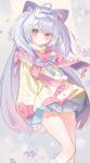  absurdres ahoge animal_ears blue_bow blue_skirt bow cat_ears cat_hair_ornament cherry_blossoms closed_mouth commentary_request flower hair_flower hair_ornament heart heart_ahoge highres light_blush long_hair long_sleeves looking_at_viewer microskirt multicolored_hair original pink_hair pink_scarf pom_pom_(clothes) pom_pom_hair_ornament purple_ears purple_hair red_eyes scarf shirt skirt snowflakes standing two-tone_hair very_long_hair white_hair yellow_shirt youmeng33 