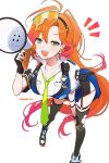  1girl blue_vest breasts collared_shirt commentary_request cropped_vest earrings elbow_pads fingerless_gloves gloves goggles goggles_on_head green_eyes green_necktie highres holding holding_megaphone hololive hyakuto_kyoko jewelry lightning_bolt_earrings lightning_bolt_symbol long_hair looking_at_viewer megaphone mole mole_under_eye multicolored_hair necktie open_mouth orange_hair pantyhose police police_uniform policewoman red_hair shirone_iro shirt short_sleeves simple_background solo thighhighs torn_clothes torn_pantyhose torn_thighhighs vest virtual_youtuber white_shirt 