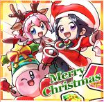  2girls adeleine animal_ears antlers bell bell_kirby belt_buckle black_hair black_pantyhose blue_eyes bow box brooch brown_mittens brown_shoes buckle capelet christmas commentary_request deer_ears dress fairy fairy_wings fake_animal_ears frilled_hairband frills fur-trimmed_capelet fur-trimmed_dress fur-trimmed_headwear fur_trim gift gift_box green_hat green_leg_warmers hairband hat holding holding_bell holding_sack holly horns jewelry kirby kirby_(series) kirby_64 leg_warmers looking_at_viewer merry_christmas mittens multiple_girls one_eye_closed open_mouth pantyhose pink_hair purple_hair rasu_(pixiv9799832) red_bow red_capelet red_dress red_hairband red_hat reindeer_antlers ribbon_(kirby) sack santa_costume santa_dress santa_hat shoes short_hair smile sparkling_eyes star_(symbol) striped_bow two-tone_bow white_dress wings yellow_bow 