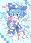  1girl absurdres alternate_costume blue_background blue_bow blue_dress blue_eyes blue_hair bow chinese_commentary chunye_xiuluo cirno cirno_day commentary_request cross cross_earrings crossed_bandaids detached_sleeves detached_wings dress earrings hair_bow hair_ornament hairclip hat heart highres holding holding_syringe ice ice_wings jewelry looking_at_viewer nurse nurse_cap open_mouth pill single_thighhigh smile solo syringe thighhighs touhou white_thighhighs wings x_hair_ornament 