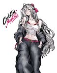  1girl alternate_costume black_jacket black_pants bow bra bra_peek breasts cargo_pants carlotta_(wuthering_waves) character_name cleavage clothes_down commentary grin hair_bow hands_in_pockets highres jacket large_breasts long_hair looking_at_viewer marekbuo3 midriff navel pants pink_bow red_bra shirt sidelocks signature simple_background smile solo underwear white_background white_hair white_shirt wuthering_waves 