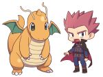  1boy aya_(ryou0327) black_cape black_footwear blue_jacket blue_pants boots cape chibi commentary_request dragonite grey_eyes jacket lance_(pokemon) long_sleeves male_focus open_mouth pants pokemon pokemon_(creature) pokemon_(game) pokemon_hgss popped_collar red_hair short_hair spiked_hair standing tongue white_background 