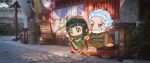  1boy 1girl architecture atokani beard black_hair brown_kimono chibi dango east_asian_architecture facial_hair facial_tattoo final_fantasy final_fantasy_xiv food geta gosetsu_daito green_kimono highres hyur japanese_clothes kimono long_hair mole mole_under_mouth obi old old_man sanshoku_dango sash tattoo wagashi white_hair yellow_eyes yotsuyu_goe_brutus 