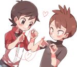  2boys antenna_hair bangs blush brown_hair chase_(pokemon) closed_mouth commentary_request grey_eyes hachi_(hachi_sin) hands_up heart jacket looking_down male_focus multiple_boys pokemon pokemon_(game) pokemon_lgpe shirt short_hair short_sleeves smile string trace_(pokemon) white_background yaoi 