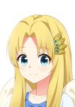  1girl bird_girl bird_wings blonde_hair blue_bow blue_bowtie blue_dress blue_eyes bow bowtie child closed_mouth collarbone commentary curtained_hair dress feathered_wings filo_(tate_no_yuusha_no_nariagari) hair_ornament hairclip long_hair long_sidelocks looking_at_viewer portrait qingwa_fu_luo sidelocks simple_background smile solo split_mouth straight_hair tate_no_yuusha_no_nariagari two-tone_dress white_background white_dress white_wings wing_hair_ornament wings 